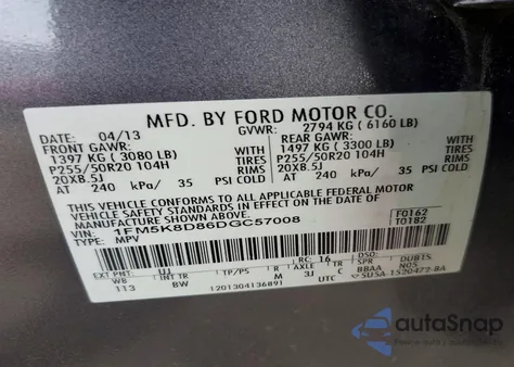 2013 Ford Explorer Xlt z USA, uszkodzony, nr VIN 1FM5K8D86DGC57008